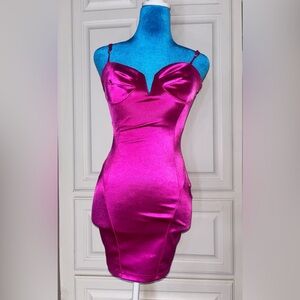 Windsor Hot Pink Satin Mini Dress with Spaghetti Straps